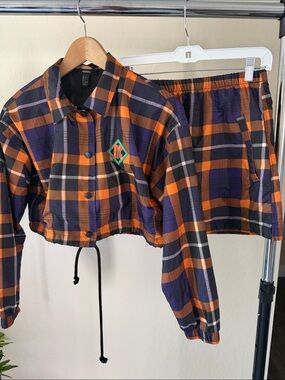 Forever 21 Orange and Navy Plaid Cropped Jacket & Shorts Set Windbreaker Y2K St